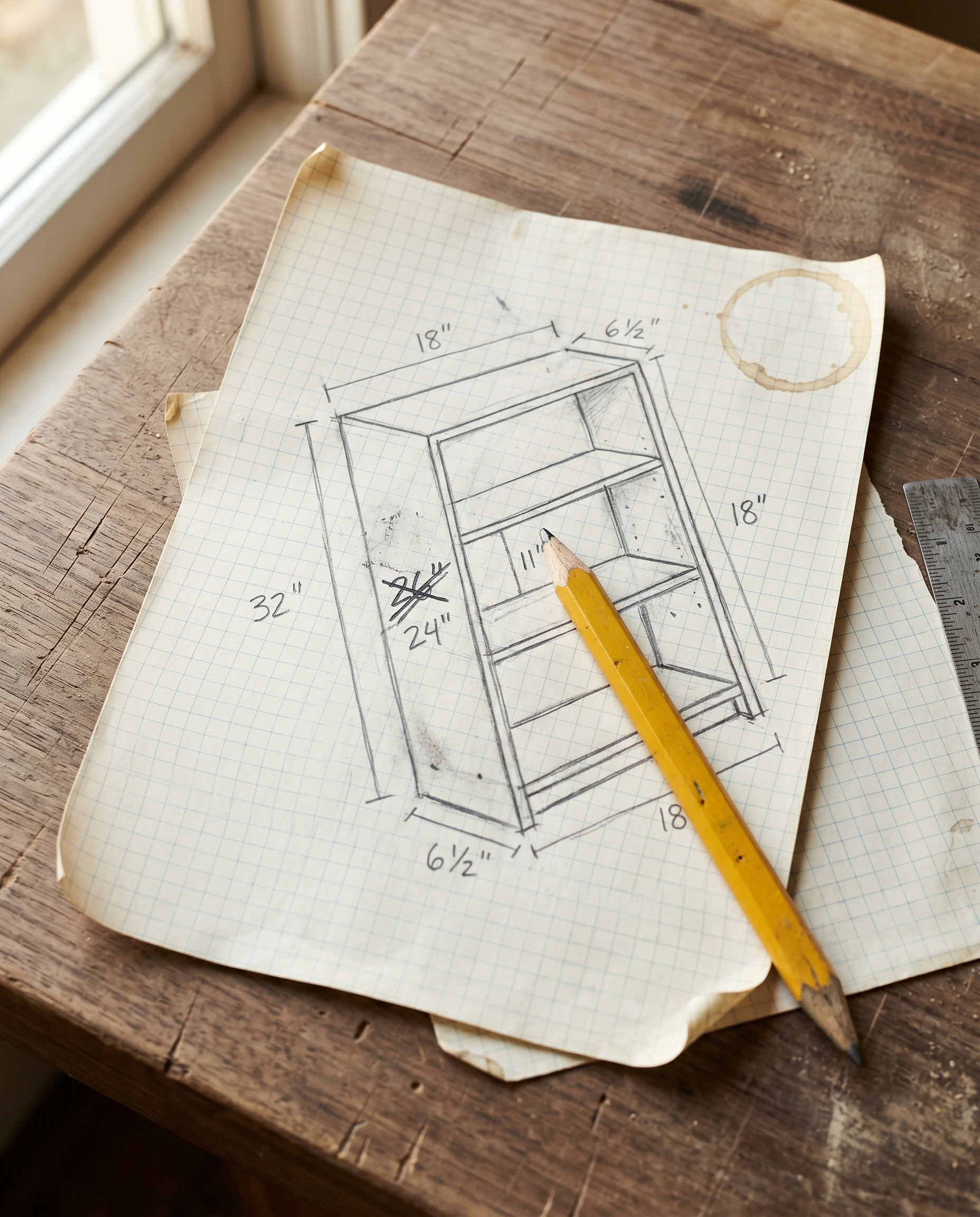 A graph-paper sketch of a small bookshelf on a worn workbench, a yellow carpenter's pencil across the page, one dimension crossed out and rewritten smaller, a coffee ring in the corner